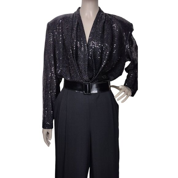 Vintage 80s Black High Shoulder Draped Deep V-Neck Sparkly Sequined Jumpsuit - Picture 2 of 10